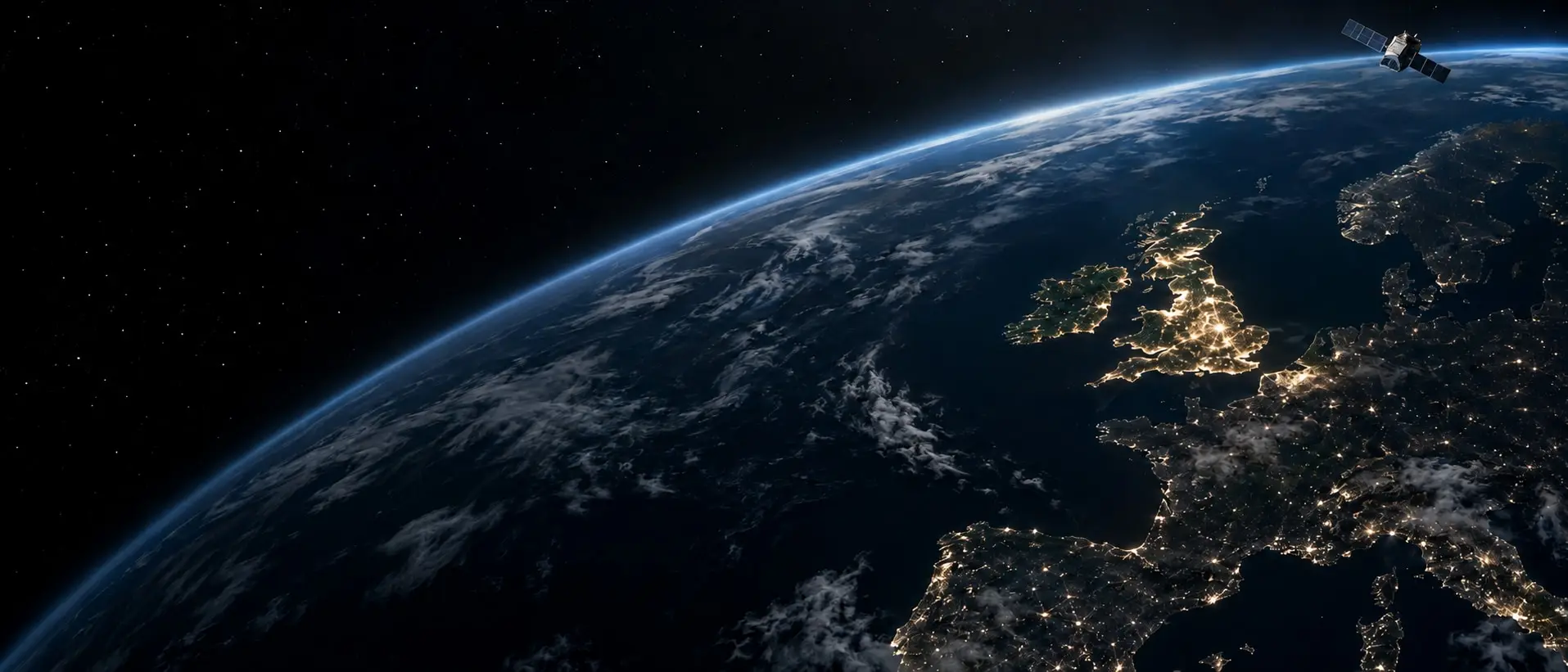 Illustration of Earth at night with warm city lights across the United Kingdom, a blue atmospheric glow and a small satellite.