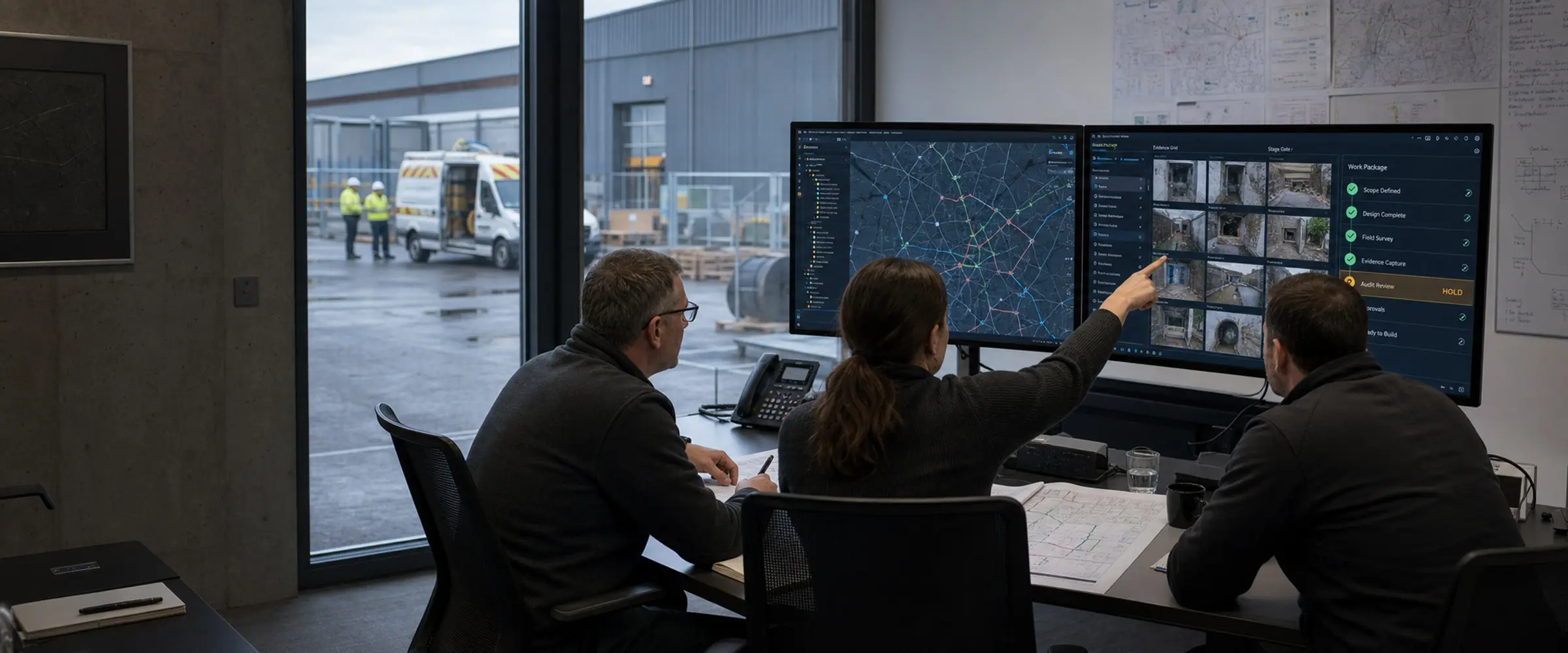 Fibre planning team reviews GIS routes, field photographs and a held audit gate before approving a work package.