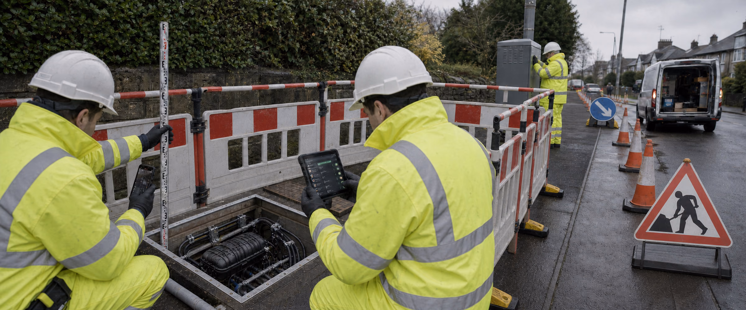 High-visibility telecoms surveyors measure, photograph and digitally verify a guarded PIA-style fibre joint box before handoff.