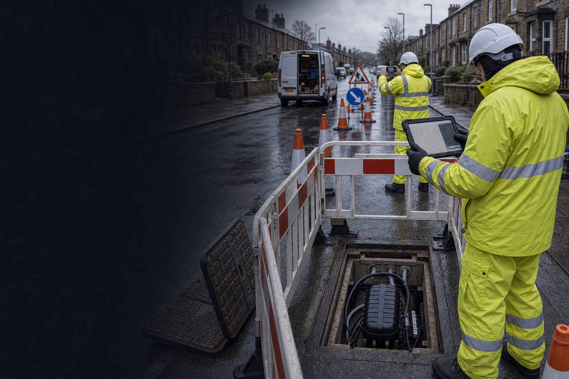 High-visibility telecoms auditor checks a digital GIS work pack inside a guarded fibre joint-box work area while a colleague captures evidence.