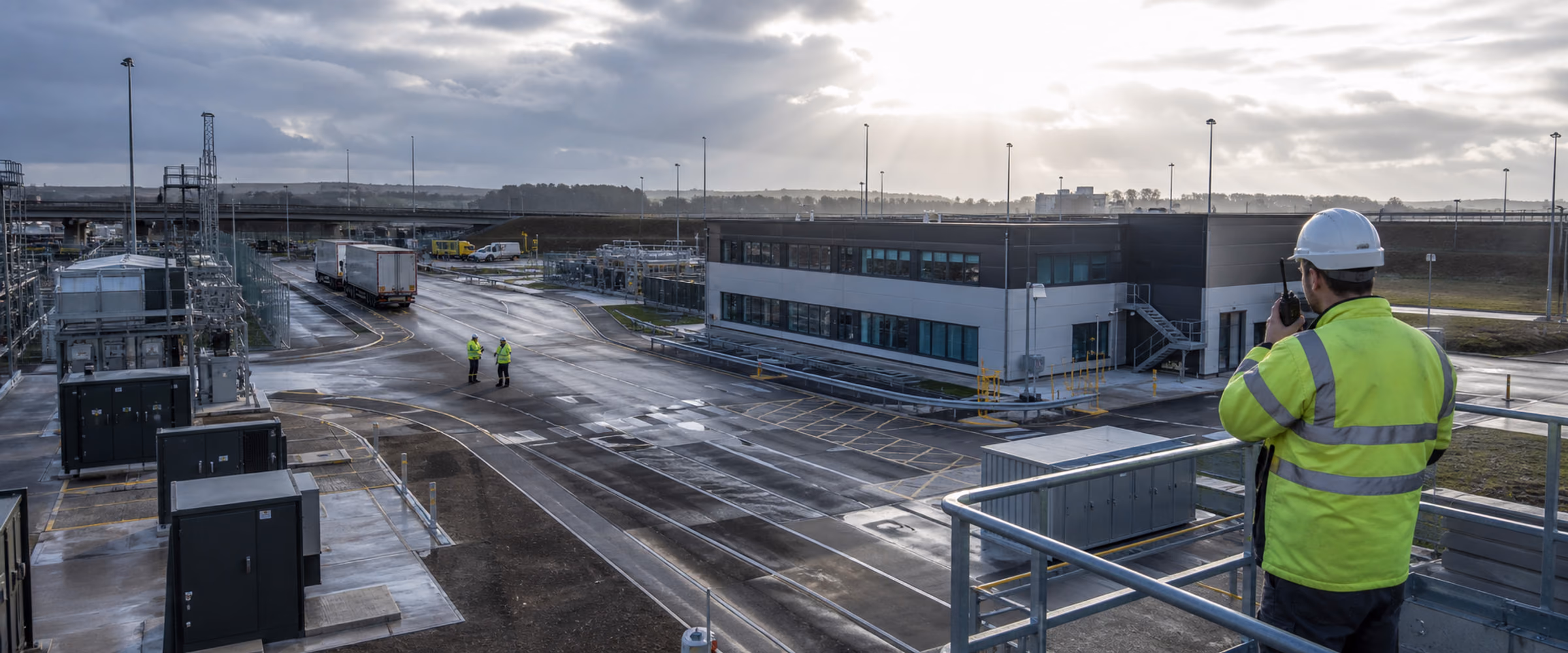 Infrastructure operator surveys a large operational site where field activity, assets and office decisions converge.