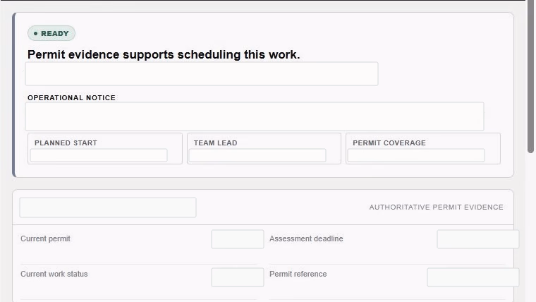 An anonymised permit readiness record showing a decision, operational notice and authoritative evidence fields.