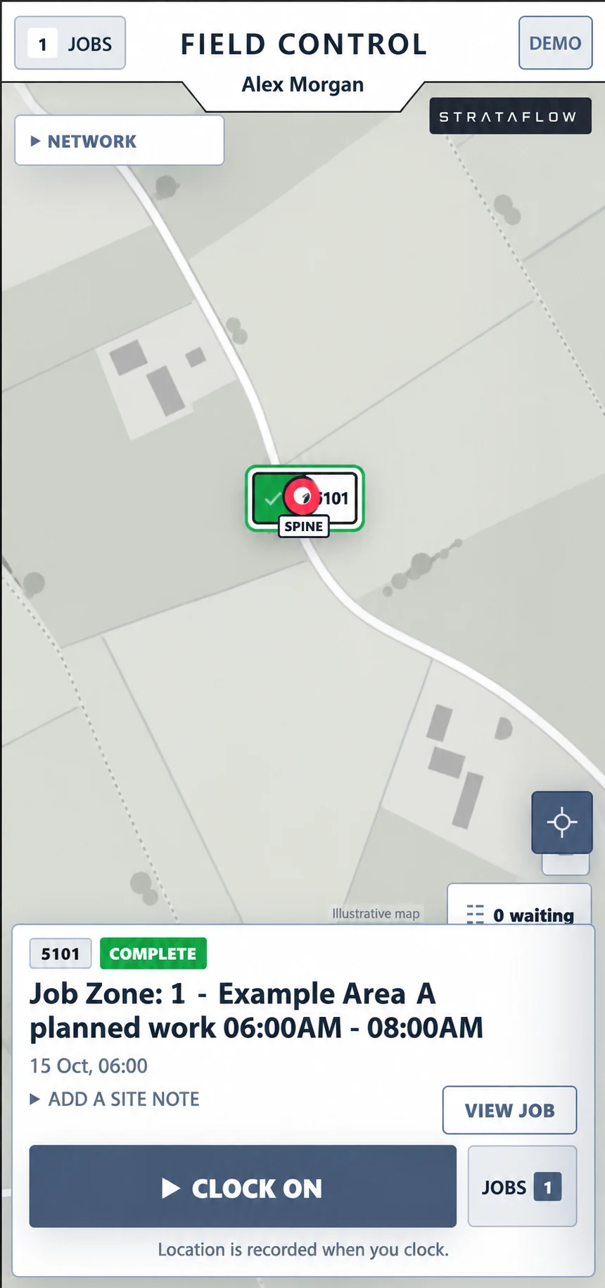 Field Control mobile screen with a job map, job status and clock-on control.